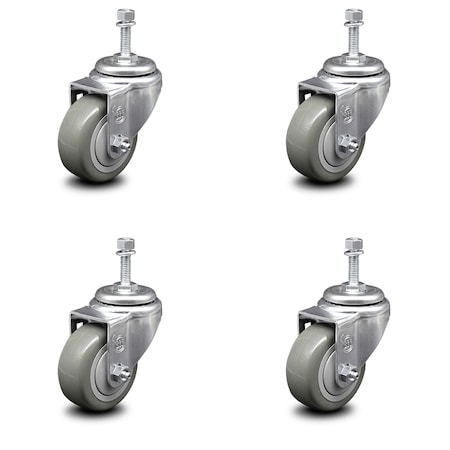 Service Caster 3.5 Inch Gray Polyurethane Wheel Swivel 3/8 Inch Threaded Stem Caster Set SCC SCC-TS20S3514-PPUB-381615-4
